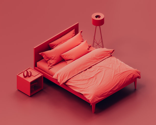 等距的红色卧室配上皱巴巴的、未完成的凌乱的红色床。单色单色卧室，红色背景的床头柜和落地灯，平坦风格的卧室，3d渲染图片下载