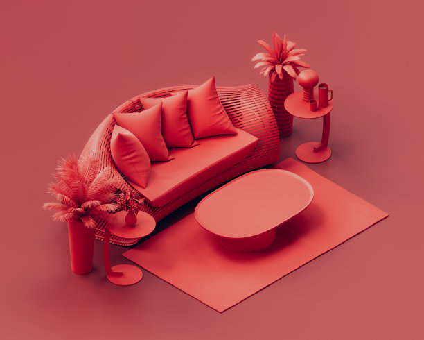 等距单色单红色室内客厅，沙发和边桌，红色房间，三维渲染图片下载