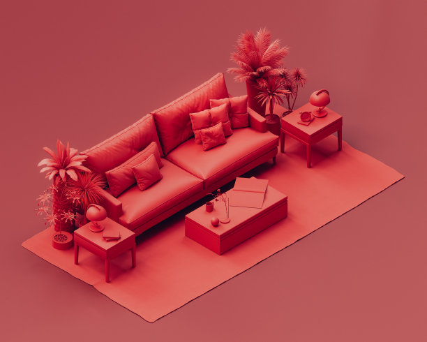 等距单色单红色室内客厅，沙发和边桌，红色房间，三维渲染图片下载