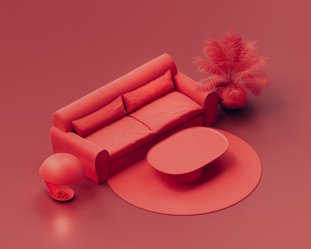 等距单色单红色室内客厅，沙发和边桌，红色房间，三维渲染图片下载