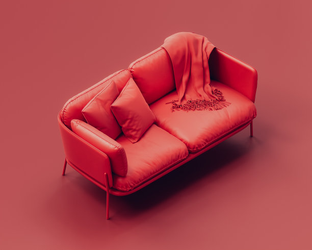 红色房间里的单色单红沙发，等距的单红沙发。三维渲染图片下载
