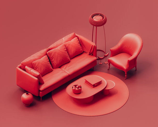 等距单色单红色室内客厅，沙发，落地灯和边桌，红色房间，3d渲染图片下载