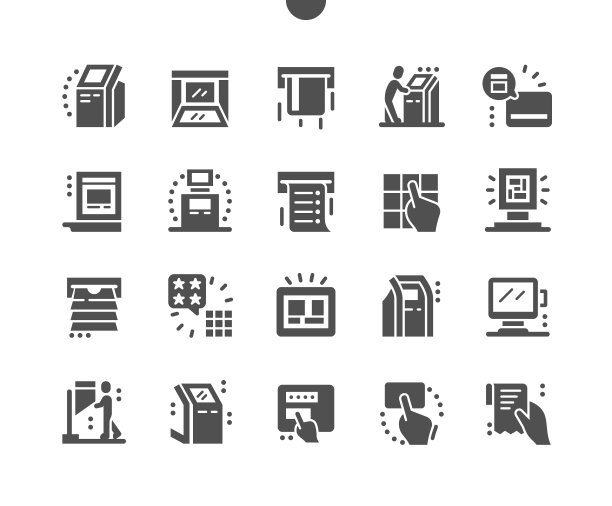 自助终端。商务，触摸屏，电子，银行，客户，技术，支付。金融和钱。矢量图标。简单的象形图图片下载