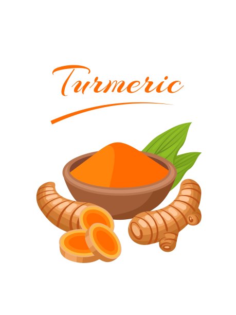 姜黄或姜黄粉(姜黄素，姜黄)，木碗中，姜黄根状茎，叶孤立在白色背景上。图片下载