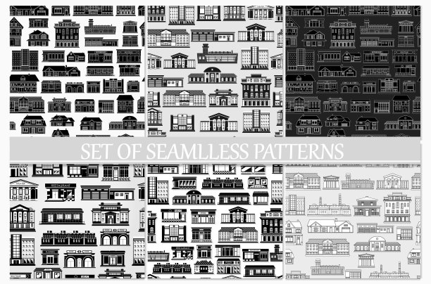 一组无缝的模式与黑色和白色的建筑在浅灰色的背景。向量的背景。图片下载