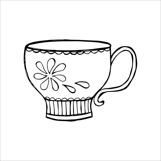 手绘茶或咖啡杯，涂鸦或素描，平面图像图片下载