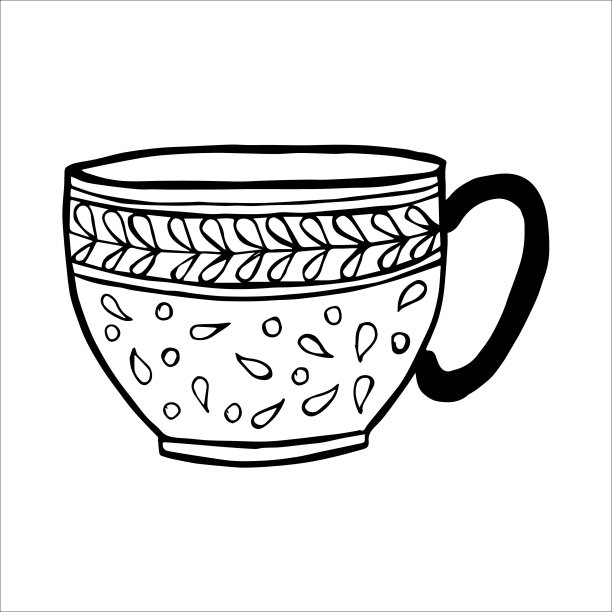 手绘茶或咖啡杯，涂鸦或素描，平面图像图片下载