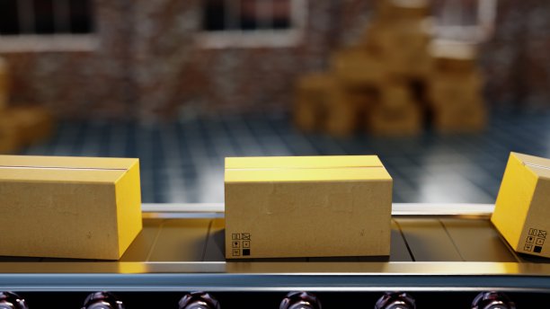 输送带在工厂地板上运送纸箱图片下载