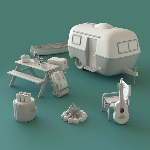 等距露营对象和场景，单色白色露营设备在绿色背景，3d渲染图片下载