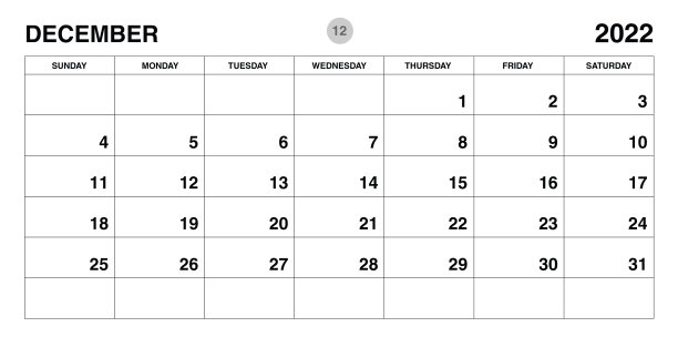 2022年12月年度计划模板，2022年日历模板，月度和年度计划。组织者的日记。周开始星期日，企业计划模板，桌面日历2022，水平布局，矢量图片下载