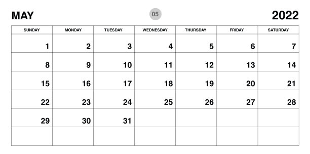5月2022年计划模板，日历2022年模板，月度和年度计划。组织者的日记。周开始星期日，企业计划模板，桌面日历2022，水平布局，矢量图片下载