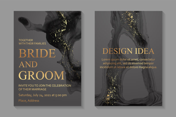 水彩背景与抽象的黑色墨波和金色飞溅。图片下载