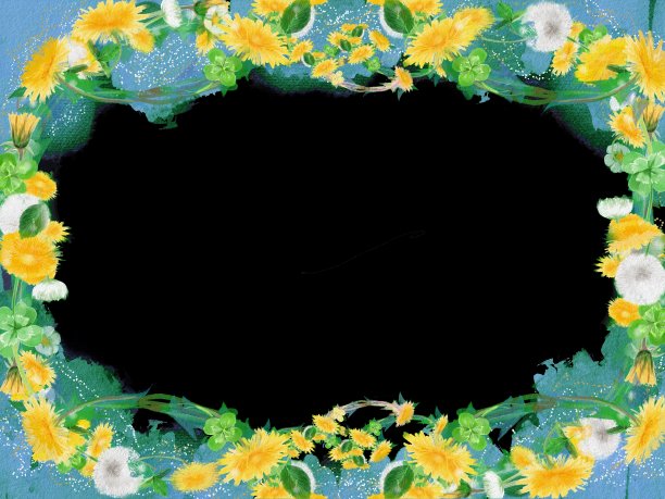 花花环框架插图蒲公英，棉花和四叶三叶草在手绘风格。图片下载