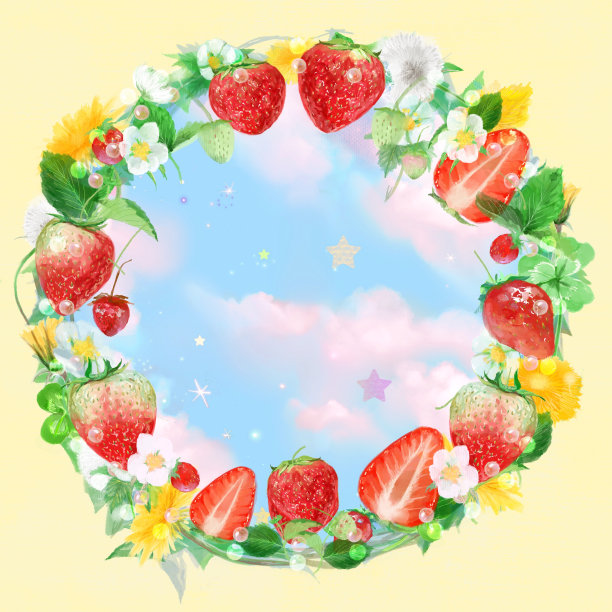 水彩框卡片插图花花环框架蒲公英，棉花和四叶三叶草和新鲜草莓，白色的花和植物在手绘风格。图片下载