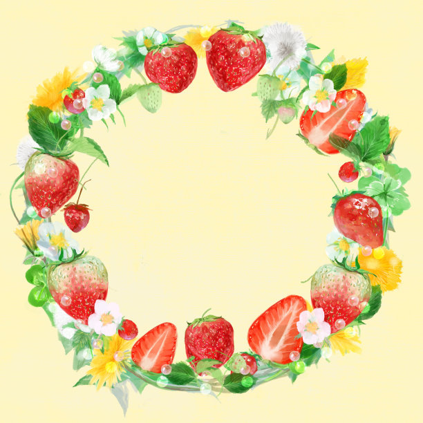 水彩框卡片插图花花环框架蒲公英，棉花和四叶三叶草和新鲜草莓，白色的花和植物在手绘风格。图片下载