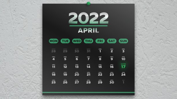 一个美丽的黑色日历四月页2022和复活节日期标记绿色图片下载