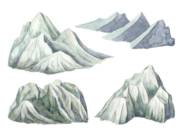 水彩山集。手绘高雪峰孤立在白色背景。多雾的冬天的风景。自然设计徒步旅行，旅游，印刷，请柬，卡片，装饰。图片下载