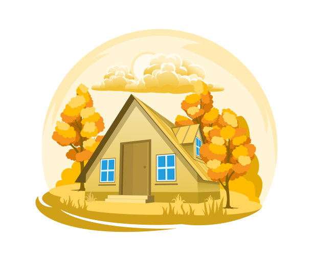 秋天的风景。树木环绕的房子图片下载