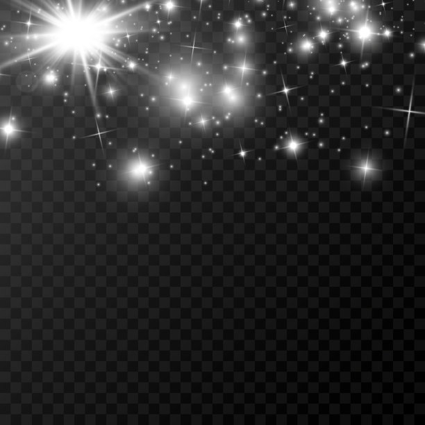 白色的火花和金色的星星闪烁着特殊的灯光效果。向量闪烁在透明的背景上。圣诞节的抽象模式。闪闪发光的魔法尘粒图片下载