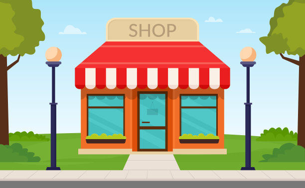 店面建筑正面视图。商店门面。矢量插图的自然背景。图片下载