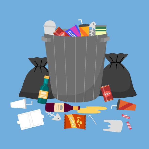 垃圾桶装满垃圾的平面设计。图片下载