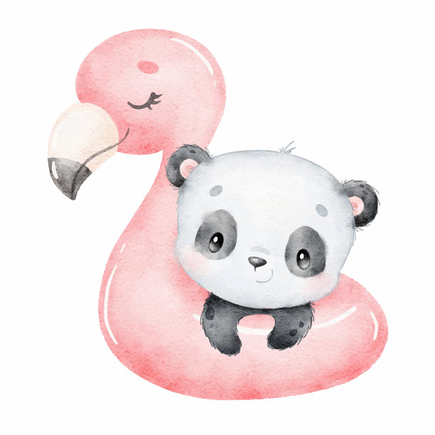 游泳的卡通熊猫的水彩插图。可爱的动物图片下载