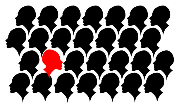 从人群中脱颖而出。侧面轮廓看起来比所有其他的都相反的方向。观念不同，思维不同。图片下载