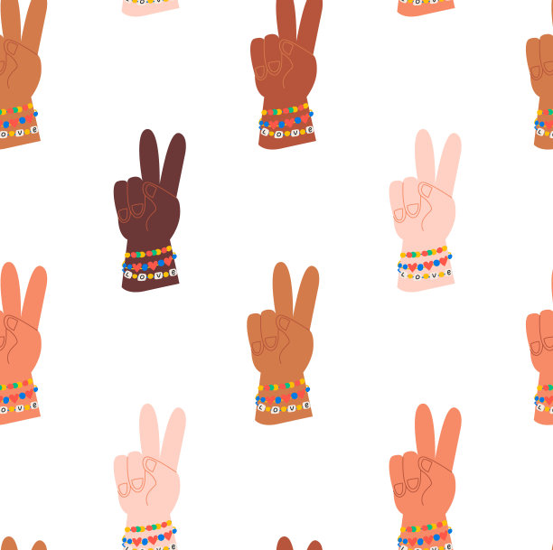 不同人群的双手无缝衔接。和平手势手势符号与肤色不同。图片下载