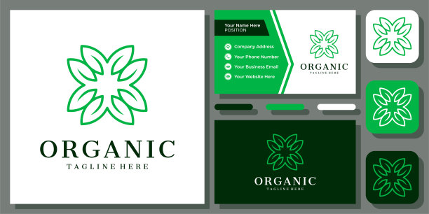 树叶自然绿色有机自然循环植物概念标志设计与名片模板图片下载