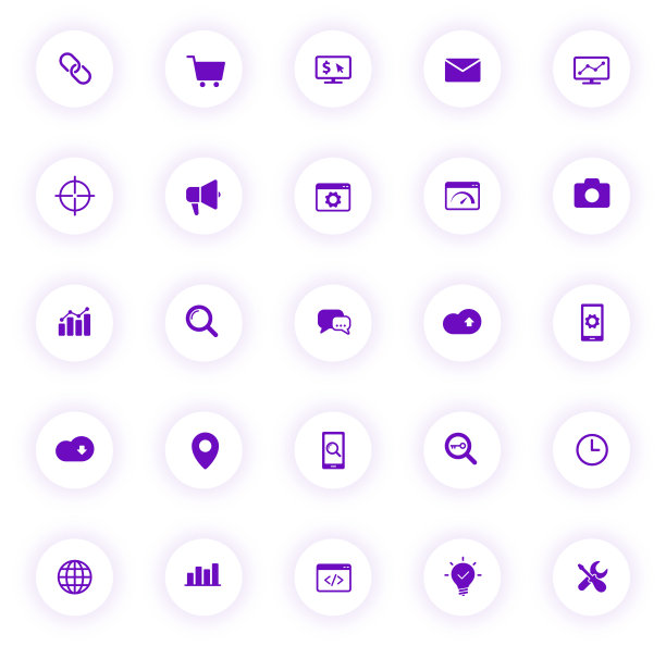Seo紫色矢量图标上的光圆形按钮紫色阴影。Seo图标设置网页，移动应用程序，UI设计和打印图片下载