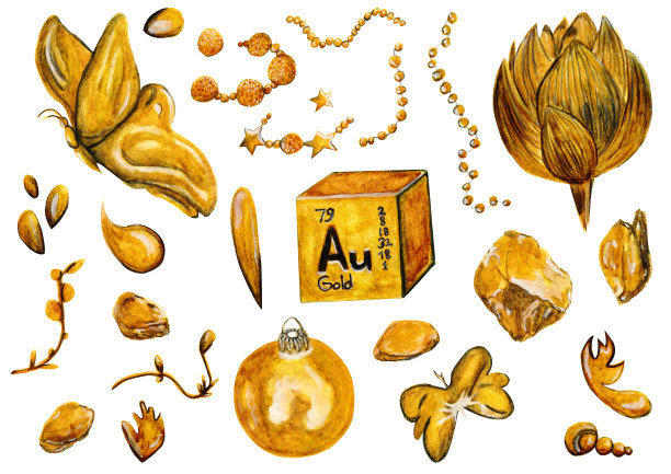 金色的项目，珠宝和自然的水彩收集在白色背景插图孤立为您的设计图片下载