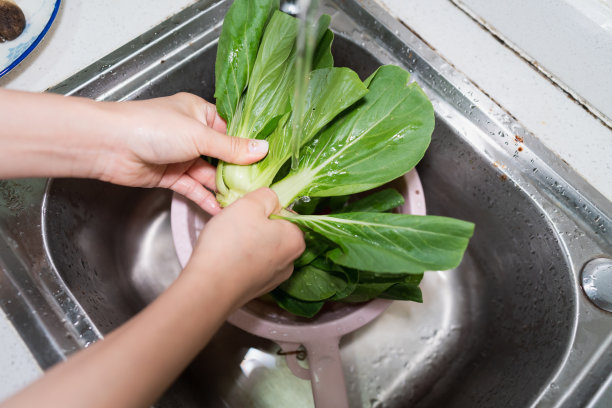 一个女人用水洗青菜的手的特写镜头图片下载