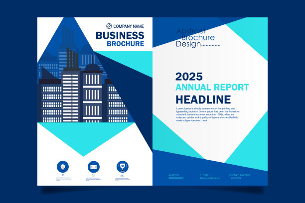 宣传册传单模板布局背景设计。小册子、单张、公司业务年度报告版面用蓝色三角形图片下载