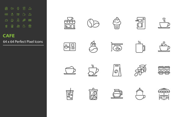 集合咖啡厅线图标，热饮，咖啡，茶图片下载