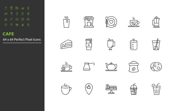集合咖啡厅线图标，热饮，咖啡，茶图片下载