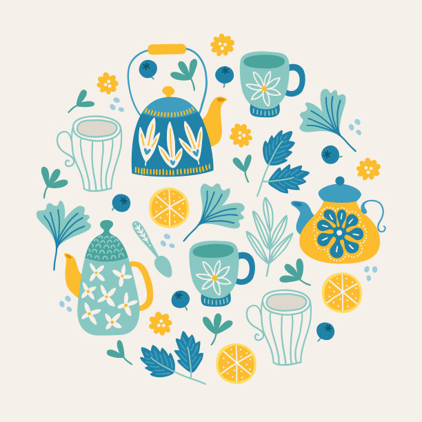 花贺卡与茶壶，杯子，花，叶子，柠檬，勺子图片下载