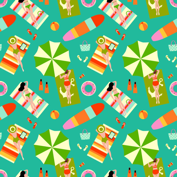 人们在沙滩上，夏日度假概念图案设计，冲浪板，沙滩球，游泳脚蹼，人字拖，复古色彩的夏日印花背景图片下载