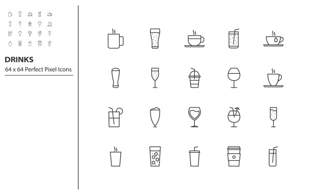 集饮料线图标，热饮，酒精，玻璃图片下载