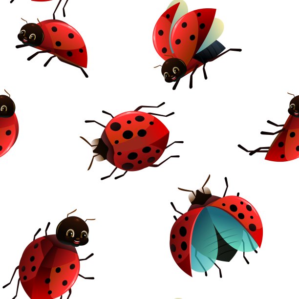 红色瓢虫。无缝模式。野生动物对象。一些有趣的昆虫。可爱的卡通风格。孤立的白色背景。向量图片下载