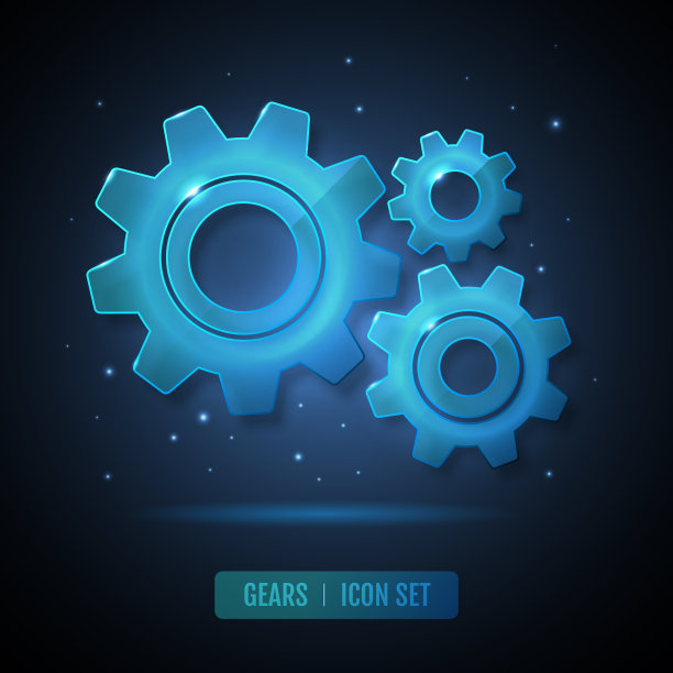 黑色背景上的一组玻璃蓝色霓虹灯齿轮。齿轮图标设计。矢量图图片下载