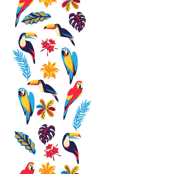 无缝图案与金刚鹦鹉，巨嘴鸟和热带植物。异国情调的装饰性鸟、花和叶。图片下载