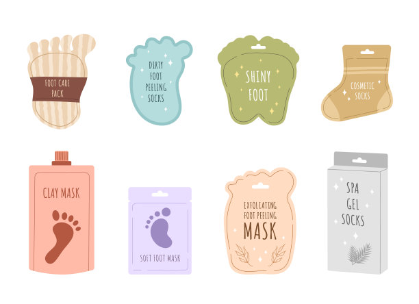 脚面具收集。皮肤护理的概念。滋润双脚的袜子。早晨例行公事。洗浴时间。Spa手绘美容产品。矢量插图在平面卡通风格图片下载