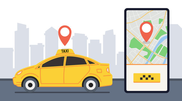 的士服务横幅。黄色出租车的城市背景。智能手机屏幕上的应用程序。向量。图片下载