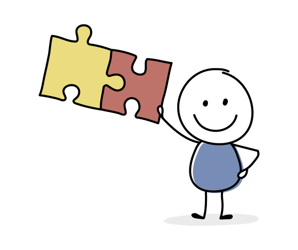 玩拼图的卡通人物。经营理念。向量图片下载