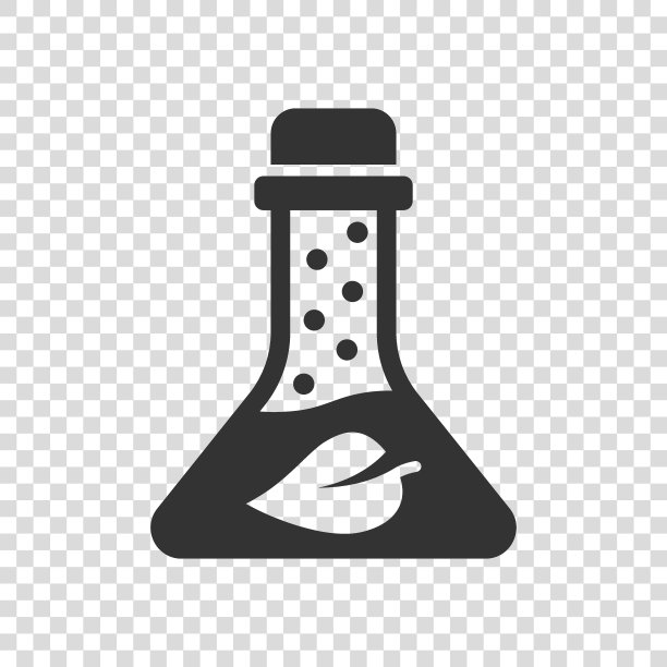 平面风格的化学玻璃图标。实验室烧瓶与叶矢量插图在白色孤立的背景。本质分析标志经营理念。图片下载