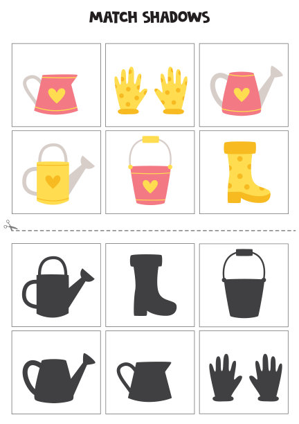 寻找彩色园艺工具的影子。为孩子。图片下载