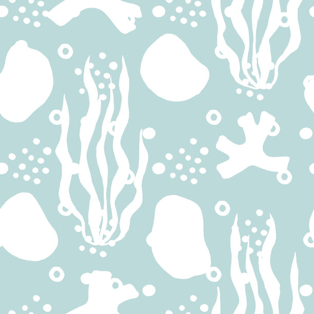 海卵石和海藻无缝图案水彩画。图片下载