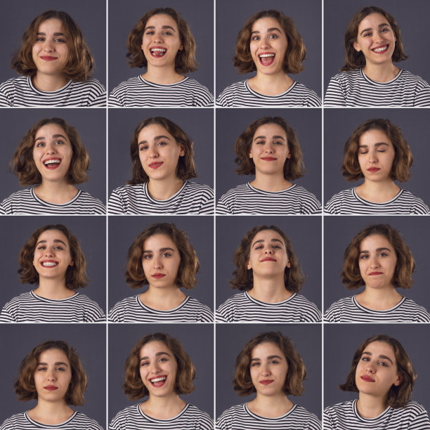 将年轻女性的照片分成20个不同的面部表情。照片是方形的。在一张照片中，她看起来很开心，而在另一张照片中，她看起来很悲伤。她的头发是棕色的图片下载