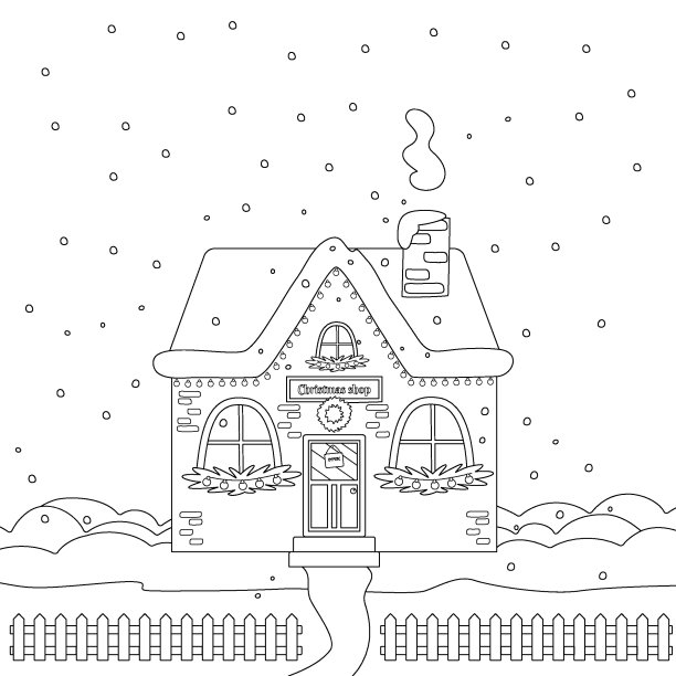 圣诞商店的礼物和冷杉树在雪天的街道上为孩子涂色书。节日向量线性插图的创造力。图片下载