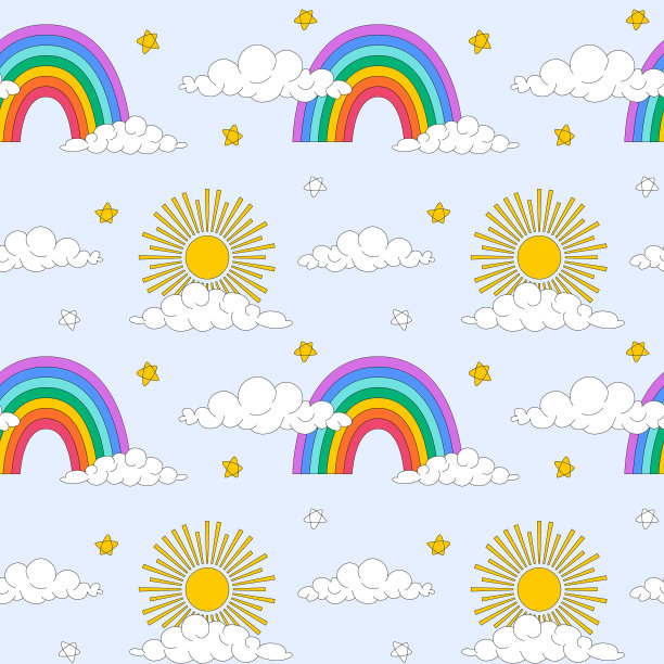 云朵、彩虹、阳光的无缝图案。可爱的元素与轮廓复古风格。伟大的儿童和家庭纺织品，浅蓝色背景上的颜色矢量插图。图片下载
